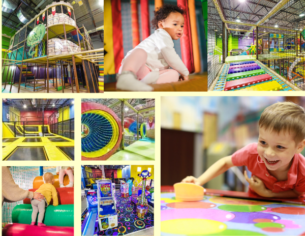 Children enjoying various play areas and having fun at indoor playground for birthday parties